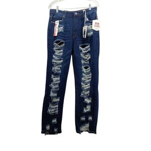 NEW‎ Tags GOGO Mom Jeans Women's size 11 Dark Blue High Rise Distressed Pockets